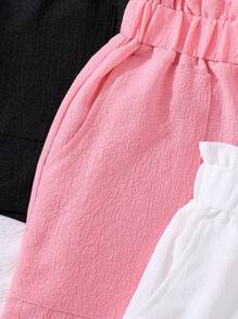 paquete de 3 pantalones cortos casuales y sueltos de cintura fruncida de unicolor para niñas preadolescentes de verano