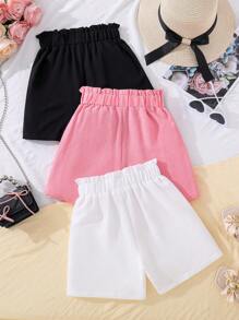 paquete de 3 pantalones cortos casuales y sueltos de cintura fruncida de unicolor para niñas preadolescentes de verano