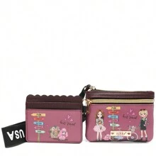 Nikky By Nicole Lee 2 Piece Lanyard Set: Card Case And Pouch, Women's Small PU Leather Wallet, Includes Card Case, Pouch With Main Zipper Closure And Optional Wristlet, Mauve/Brown, Fashion Best Friends Prints, Dog, Flowers