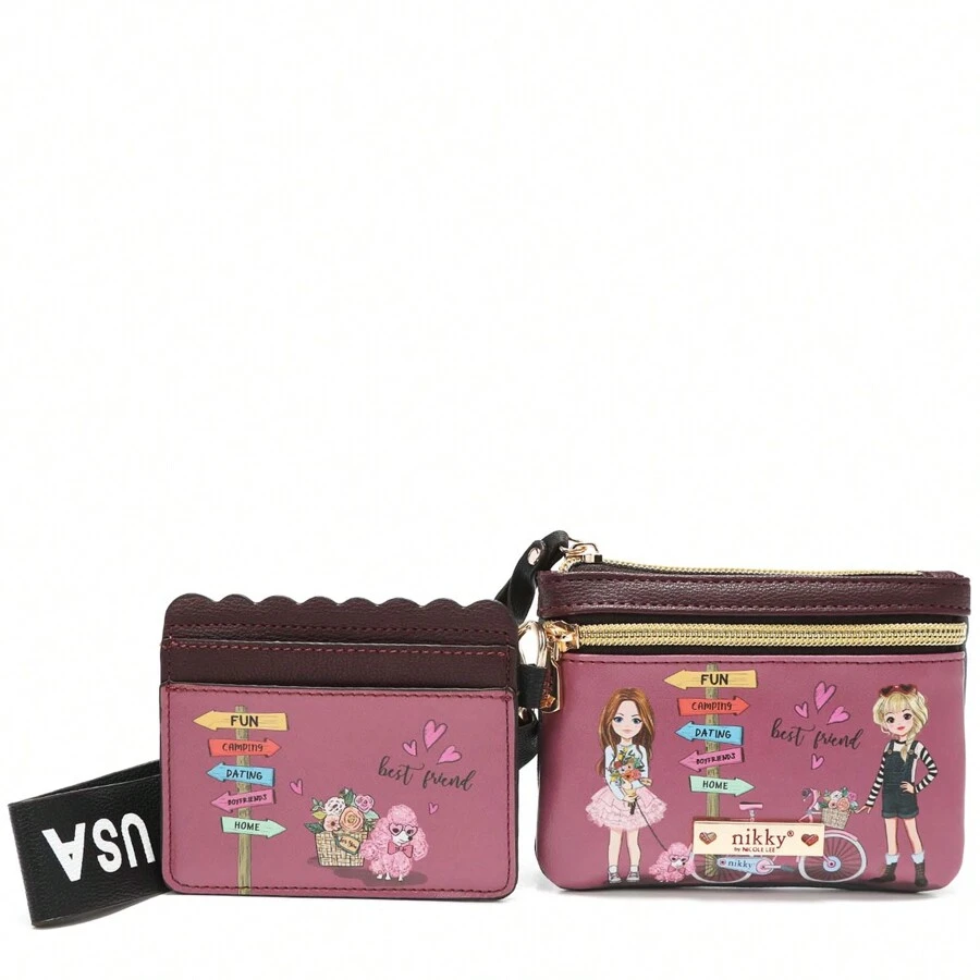 Nikky By Nicole Lee 2 Piece Lanyard Set: Card Case And Pouch, Women's Small PU Leather Wallet, Includes Card Case, Pouch With Main Zipper Closure And Optional Wristlet, Mauve/Brown, Fashion Best Friends Prints, Dog, Flowers