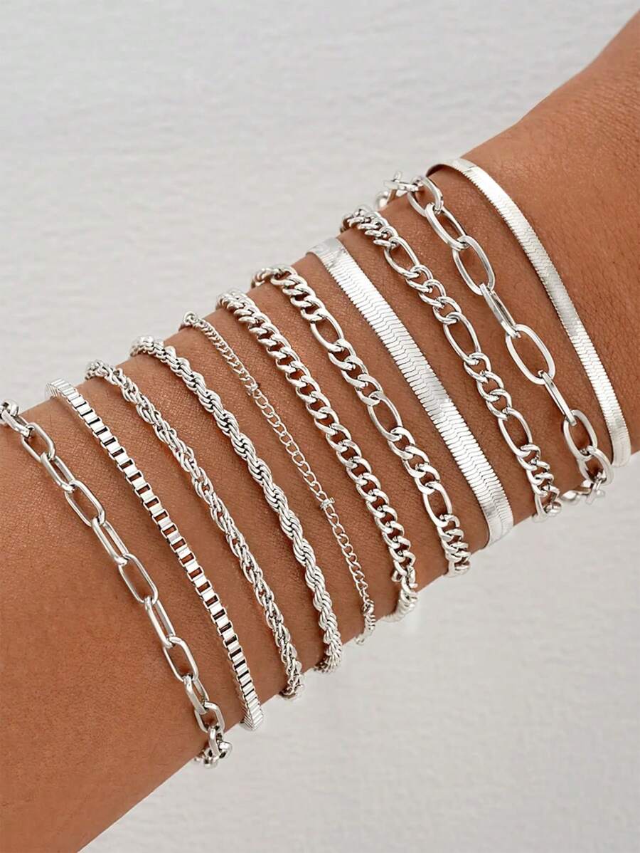 11pcs/Set Simple Fashion Silver Hollow Out Twisted Bangle Set Unisex Party Gift Daily Wear - 11pcs-5767002HB+5900502 - View 1