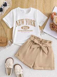 Young Girl Summer Letter Print Short Sleeve T-Shirt And Paper Bag Waist Belted Shorts Casual Outfit