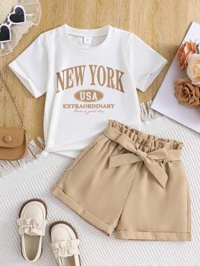 Young Girl Summer Letter Print Short Sleeve T-Shirt And Paper Bag Waist Belted Shorts Casual Outfit