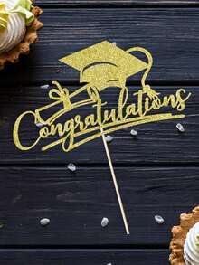 1pc Congrats Grad 2024 Cake Topper Black And Gold Glitter Graduation Cake Topper Graduation Cap Star Cake Picks For 2024 Graduation Party Decorations - Gold - View 3