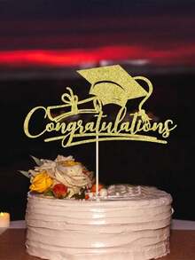 1pc Congrats Grad 2024 Cake Topper Black And Gold Glitter Graduation Cake Topper Graduation Cap Star Cake Picks For 2024 Graduation Party Decorations - Gold - View 4