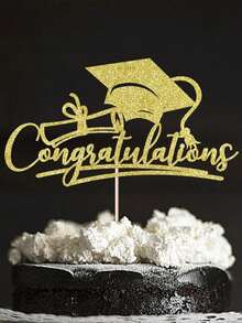 1pc Congrats Grad 2024 Cake Topper Black And Gold Glitter Graduation Cake Topper Graduation Cap Star Cake Picks For 2024 Graduation Party Decorations - Gold - View 2
