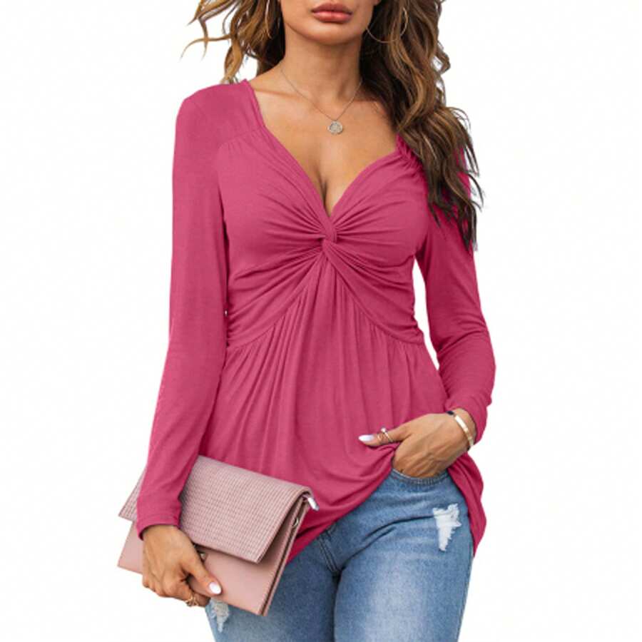 Womens V-Neck Front Knotted Blouse Shirt Long Sleeve Elegant Casual T-Shirt Solid Color Pullover Tops - 玫紅色 - 查看 1