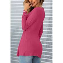 Womens V-Neck Front Knotted Blouse Shirt Long Sleeve Elegant Casual T-Shirt Solid Color Pullover Tops - 玫紅色 - 查看 2