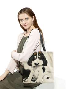 PrintVovage Hoạt Hình Cún Con Dễ Thương In Hình Túi Tote Canvas, Túi Đi Biển Di Động Thời Trang Dung Tích Lớn, Túi Mua Sắm Có Thể Tái Sử Dụng - màu đen - Xem 9