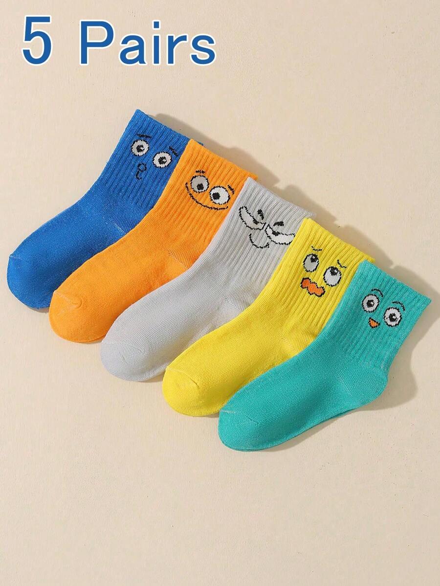 5pairs Kids Summer Solid Color Novelty Expression Socks With Roll Mouth, Suitable For Daily Wear - Multicolor - View 1