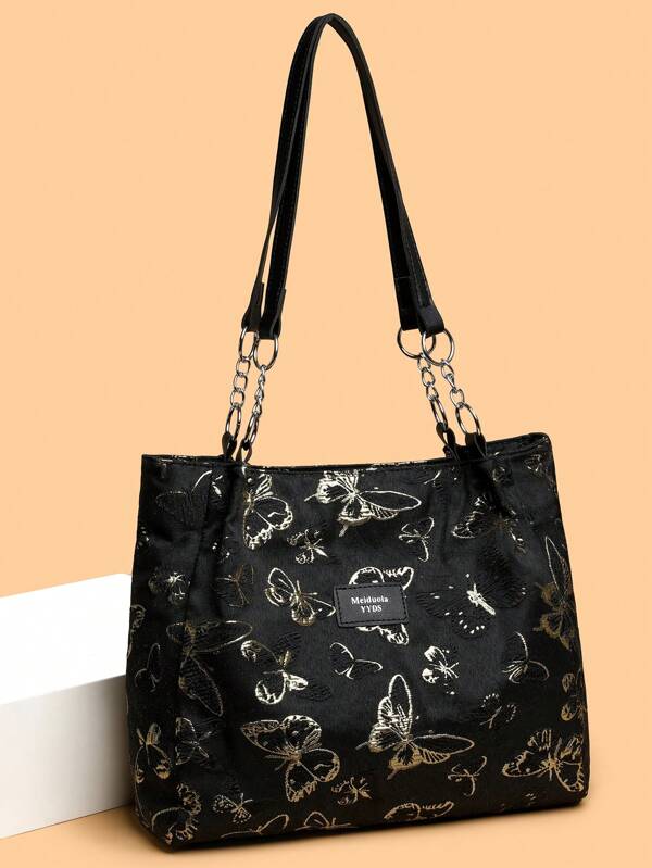 Bolso de lona con bordado de mariposa para mujer, de gran capacidad para compras y viajes, bolso de mariposa de