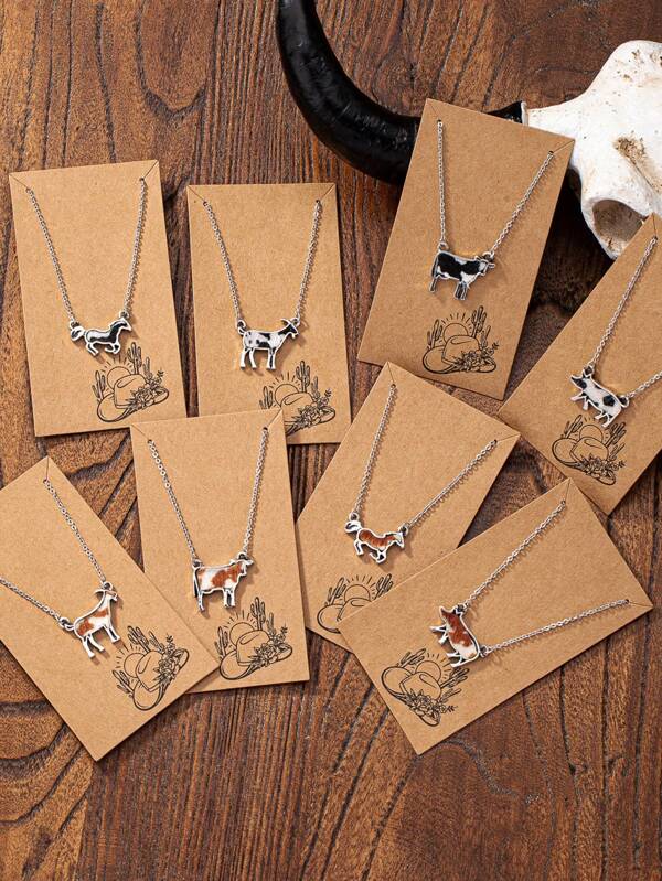 1 Pc Western Cowhide Leather Horse Pig Cow Cattle Goat Ranch Animal Pendant Necklace For Women