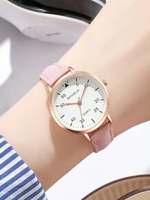 Fashionable Simple Cute Arabic Dial Quartz Leather Strap Watch - Pink - View 2