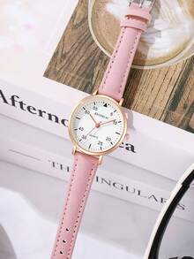 Fashionable Simple Cute Arabic Dial Quartz Leather Strap Watch - Pink - View 6