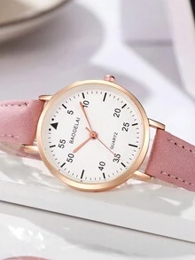 Fashionable Simple Cute Arabic Dial Quartz Leather Strap Watch - Pink - View 4