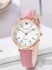 Fashionable Simple Cute Arabic Dial Quartz Leather Strap Watch - Pink - View 3
