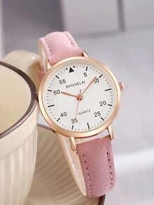 Fashionable Simple Cute Arabic Dial Quartz Leather Strap Watch - Pink - View 5