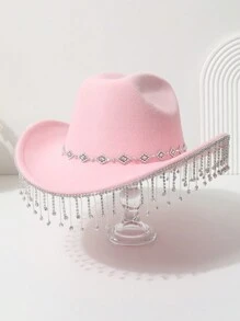 1pc Women's Solid Color Rhombus Sequin Rhinestone Teardrop Crystal Tassel Western Cowboy Hat, Suitable For Outing, Party, Wedding, Festival, Casual, Stage Performance, Bridal - Multicolor - View 8