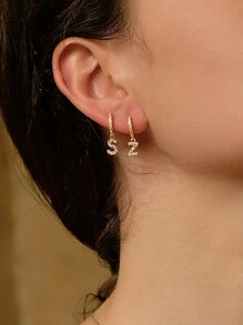 1對歐美風格銅材料的圈形耳環,附有cz寶石字母吊墜,適合女士用作節日禮物 - 金黃色 - 查看 3