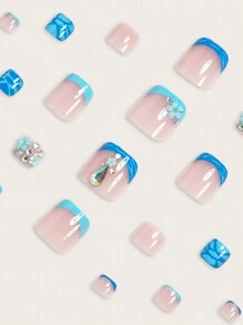 24 miếng dán móng chân giả vuông ngắn, kiểu Pháp màu xanh thanh lịch, họa tiết hoa 3D màu xanh dương, thiết kế sọc tối giản đính đá kiểu Pháp, miếng dán móng phủ toàn bộ móng, phù hợp cho phụ nữ và bé gái. Bao gồm 1 tờ giấy dán và 1 dũa móng mini. Chất liệu gel dẻo, giao màu ngẫu nhiên. Sản phẩm làm móng giả, dụng cụ nghệ thuật làm móng, sản phẩm chăm sóc móng. - Màu xanh lam - Xem 4