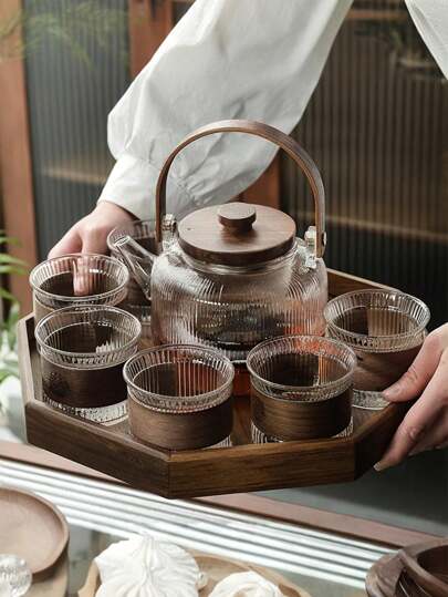 مجموعة إبريق شاي من الزجاج المقاوم للحرارة العالية مع 6 أكواب + صينية / إبريق شاي مع 4 أكواب + صينية ، مجموعة إبريق شاي باللون الجوزي الحديث والبسيط للشاي غير المعبأ أو الأعشاب الشاي أو أكياس الشاي ، لجميع المناسبات حفلات وتجمعات المنزل مرة أخرى إلى المدرسة