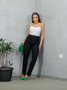 Women's Skinny Jeans With Pleats, High Waist With Lycra - 黑色 - 查看 5
