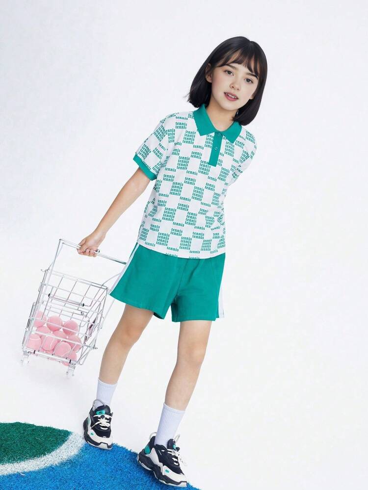 Annil Tween Girl Tops Polo Knitted Logo Printed Sports Breathable Turn-Down Collar Short Sleeve T-Shirts White