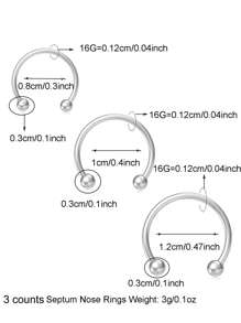 3-8件/套 16G不锈钢鼻环、马蹄形鼻钉、耳环、眉环、唇环、耳骨环、耳垂环，6-12毫米 - 3個時尚隔膜鼻環 - 查看 8