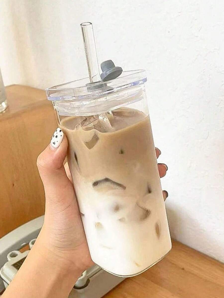 1pc 400ml Glass Cup Coffee Cup, Portable Cartoon Straw Cup, Iced Caffe American Cup - Clear - View 1
