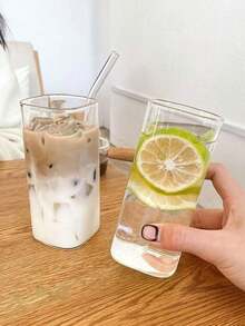 1pc 400ml Glass Cup Coffee Cup, Portable Cartoon Straw Cup, Iced Caffe American Cup - Clear - View 2