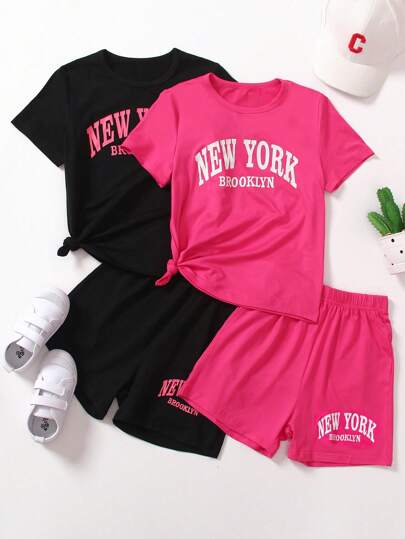2pcs/Set Girls' Casual Letter Print Round Neck Short Sleeve Top And Shorts Set, Summer