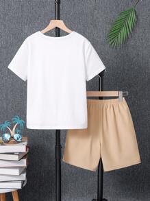 Tween Boy Knitted Short Sleeve And Shorts Set, Summer Casual And Comfortable Simple Printed Holiday Style 2-Piece