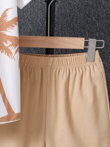 Tween Boy Knitted Short Sleeve And Shorts Set, Summer Casual And Comfortable Simple Printed Holiday Style 2-Piece