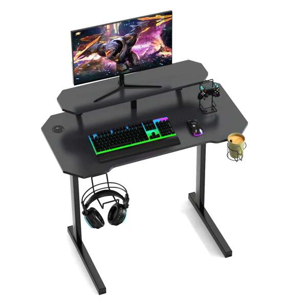 Bureau Gaming, Table Gamer de Jeu Ergonomique, Bureau d'ordinateur avec Porte-Gobelet, Crochet pour Casque et Support de Hauteur Amovible (100x55x75cm, Forme de K)