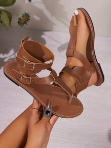 Women's Fashion Flat Thong Sandals, Casual Beach Shoes, Summer Solid Color Sandals With Lace-Up, Sports Sandals