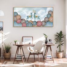 Wall Art Modern Artwork Deer Moose Couple Cartoon Wall Decor Large Canvas Painting For Living Room Bedroom Dining Room Home Office Decor With Framed - Blue - View 4