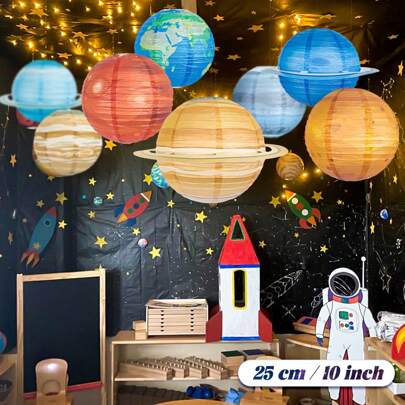 8pcs/Set 10" & 12" Planets Paper Lanterns Decor, 8 Planets Themed Party Hanging Decorations, Astronaut Theme Birthday Party Lanterns