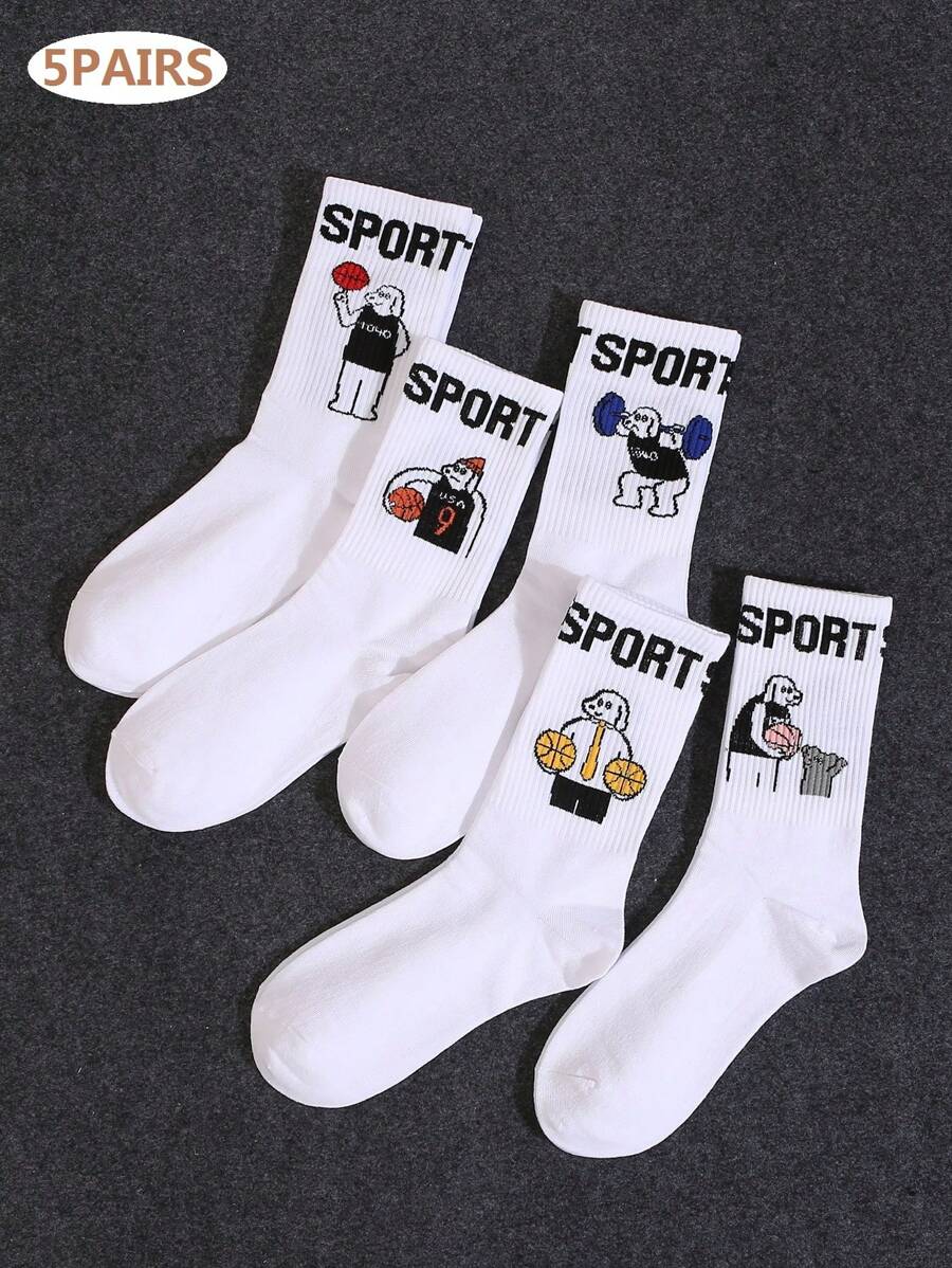 5pairs Figure & Letter Graphic Crew Socks - Multicolor - View 1