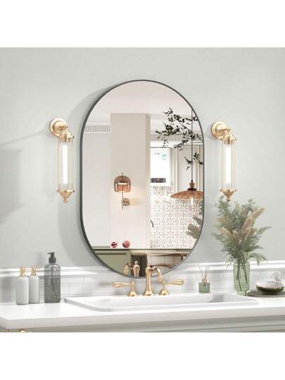 CASSIL Oval Mirror, 50 75 Cm, Bathroom Metal Frame Horizontal Or Vertical Suspension, Living Room, Bedroom, Entrance Makeup Spiegel (Black, Gold)