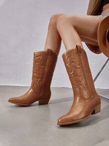 Women'S Cowboy Western Boots Pull On Cowgirl Boots Point Toe Embroidered Detail Chunky Heeled Mid Calf Boots Winter Christmas Valentine's Day Festive Black Boots - Lạc đà - Xem 2