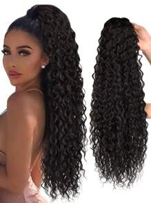 Clip de cola de caballo rizada marrón de 22 pulgadas de largo con peluca de cola de caballo sintética con cordón, onda de agua, peluca de cola de caballo afro para mujer - Marrón - Ver 1