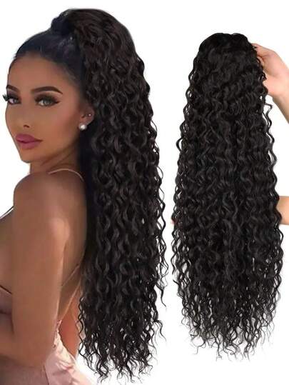 Brown Curly Ponytail Hair Clip Synthetic Drawstring Ponytail Wig 22 Inches Long Water Wave African Ponytail Women's Wig, Halloween