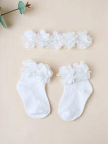 1 pièce Bandeau de fleur en mousseline blanche pour bébé + 1 paire de chaussettes aérées ajourées, amour Saint-Valentin