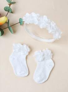 1 pièce Bandeau de fleur en mousseline blanche pour bébé + 1 paire de chaussettes aérées ajourées, amour Saint-Valentin