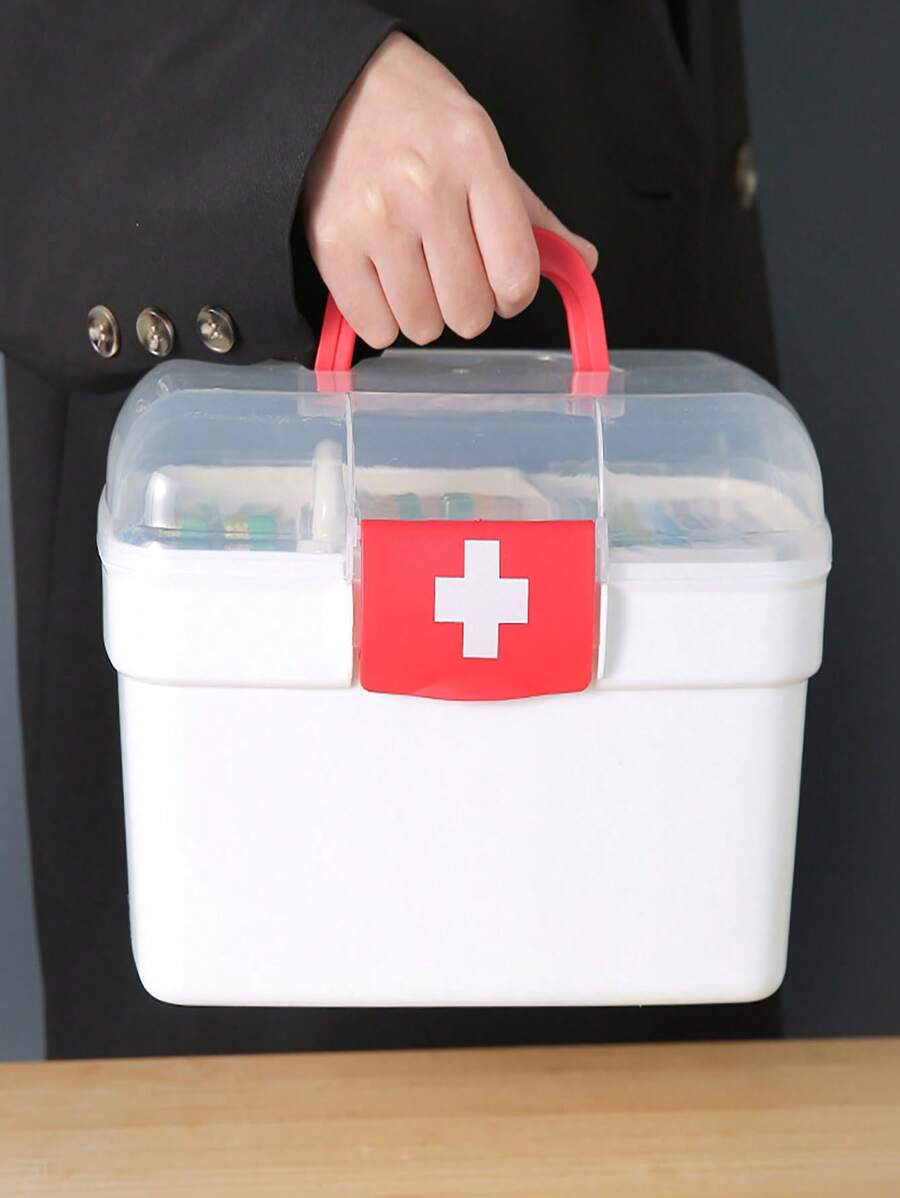 1pc Transparent Portable Family Medicine Box, Layered Organizer Case For Medical Supplies Storage