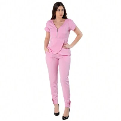 Conjunto Uniforme Feminino Scrub Transpassado Com Decote Em V Calça Jogger Com Elastano