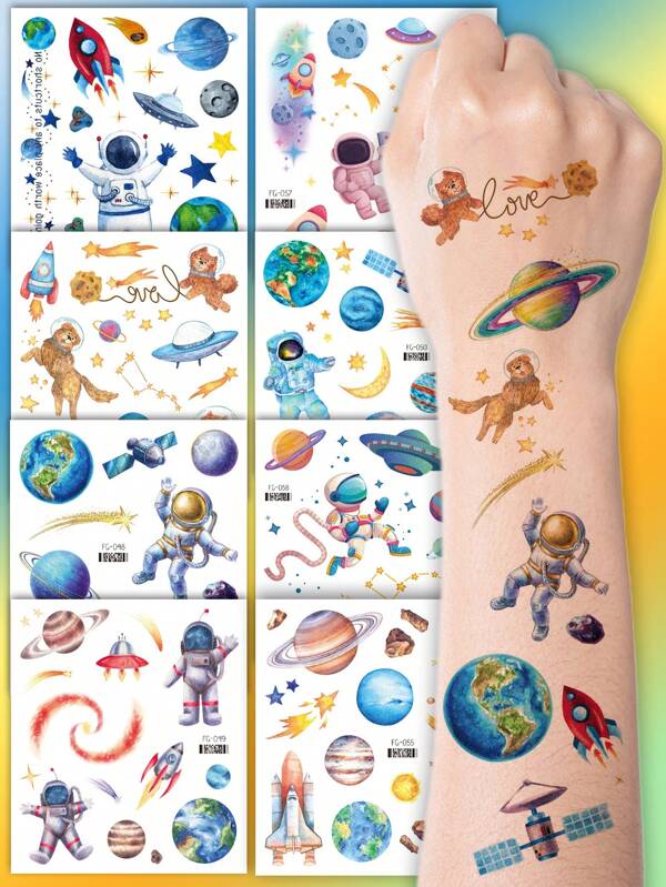 8 Sheets Glitter Universe & Space Temporary Tattoo Stickers, Cartoon Waterproof Planet Astronaut Satellite Space Station Galaxy Meteor Saturn Mars Earth Moon Spaceship Rocket Pattern, Birthday Party Favors, Gifts, Lasting 2-5 Days