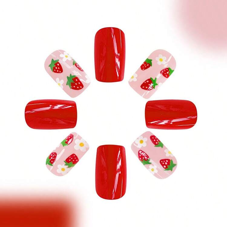 24 piezas Artículos cortos para uñas con superficie brillante, diseño lindo de fresas y flores blancas para estilo dulce. Se pueden quitar y están incluidos la goma de uñas y la lima de uñas. Suministros de uñas para presionar - Rojo - Añade 3