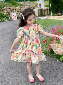 Girls' Summer Dress, Young Girl' Cute Short Sleeve Dress, New Young Girl' Summer Clothes, Loose Floral Print Dress