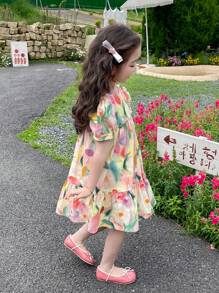 Girls' Summer Dress, Young Girl' Cute Short Sleeve Dress, New Young Girl' Summer Clothes, Loose Floral Print Dress